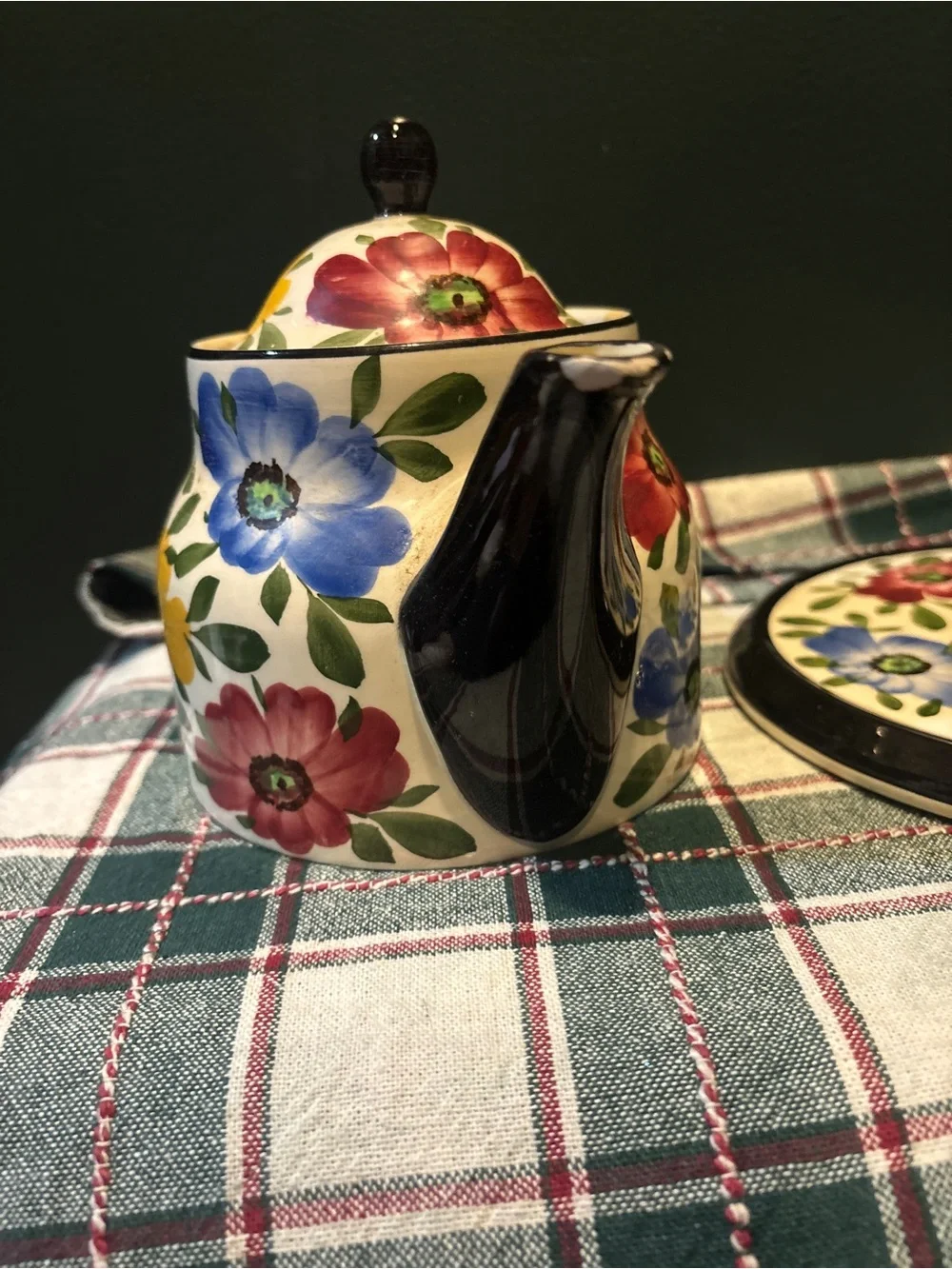 3 pc Vintage Hand-Painted Floral Ceramic Teapot with Stand